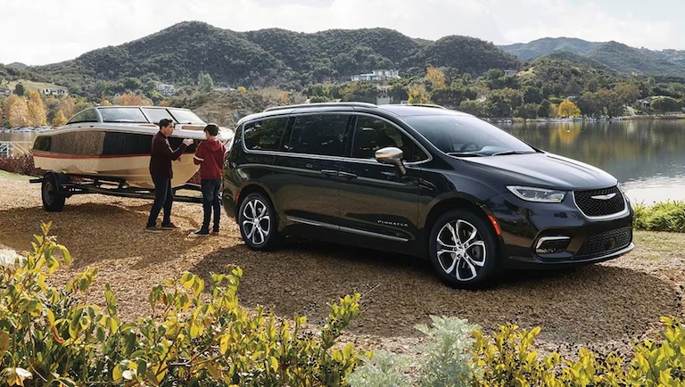The 2026 Chrysler Pacifica is equipped with Caprice leatherette seating, heated front seats, and third-row Stow ‘n Go seats.